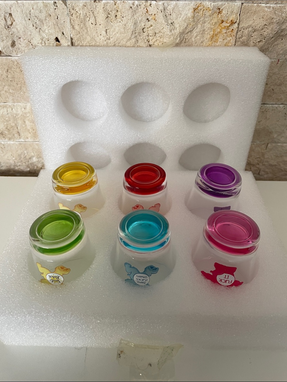 Set of 6 Care Bear Shot Glasses (offensive language on shirts)